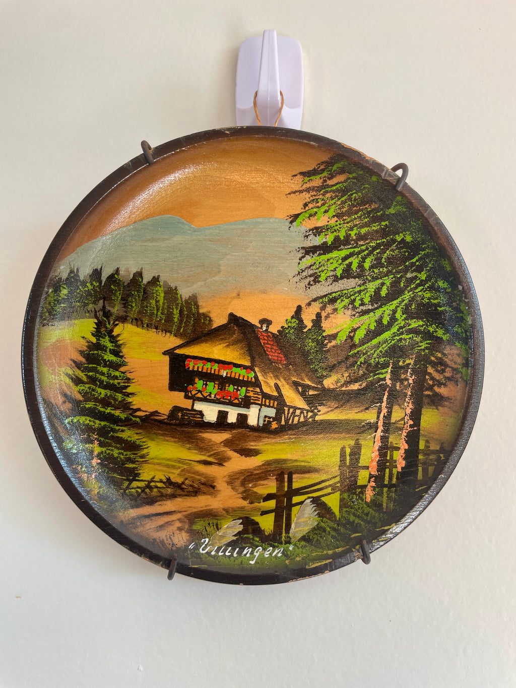 Vintage German Folk Art Wall Hanging Farmhouse Scene Wood Plate