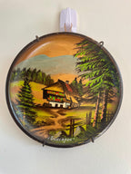 Vintage German Folk Art Wall Hanging Farmhouse Scene Wood Plate