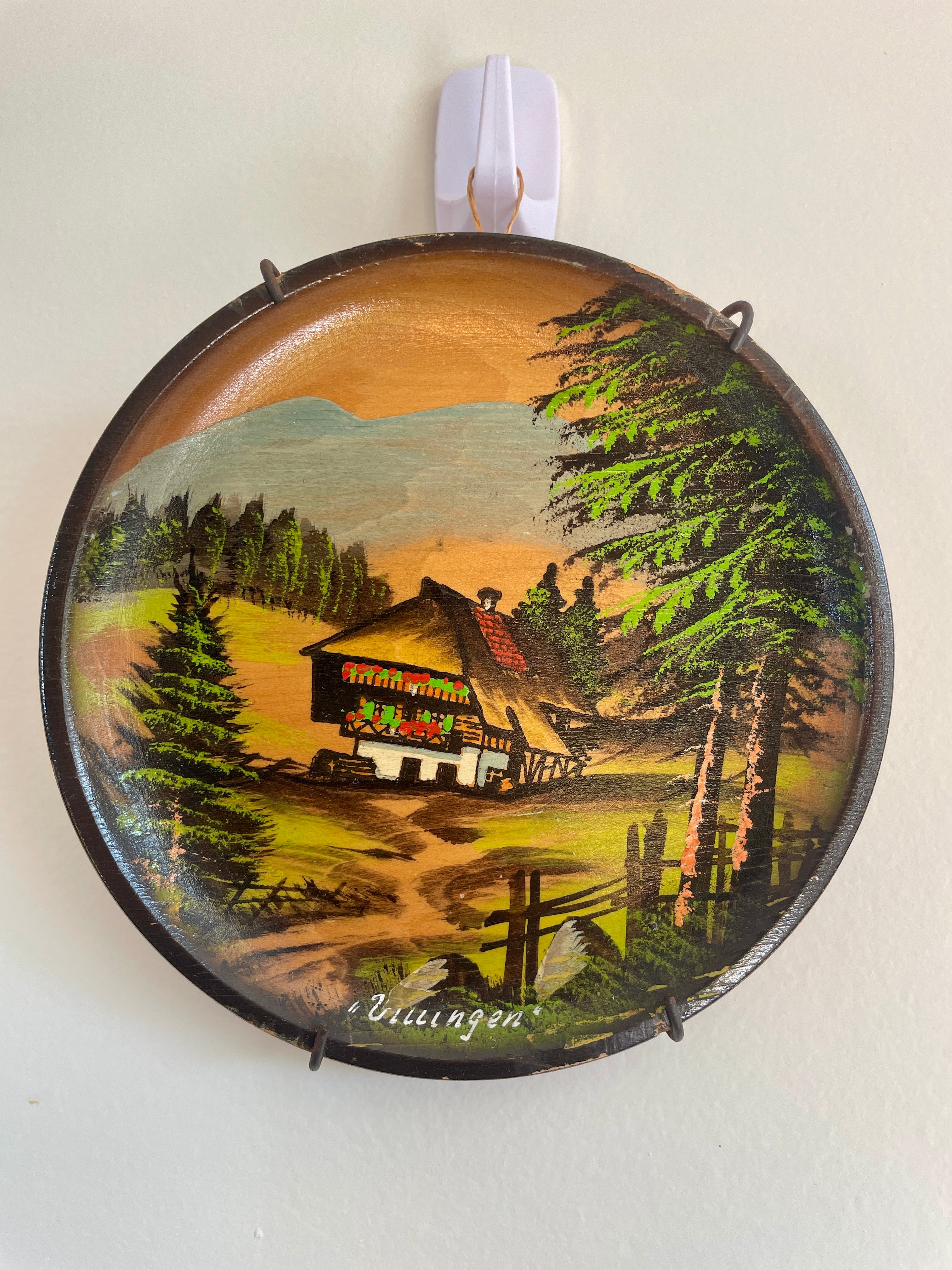 Vintage German Folk Art Wall Hanging Farmhouse Scene Wood Plate