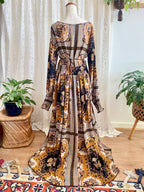 70s Vibe Boho Chic Scarf Print Maxi Dress - Ochre Gold Mustard Paisley Festival Long Sleeve Blouson Dress