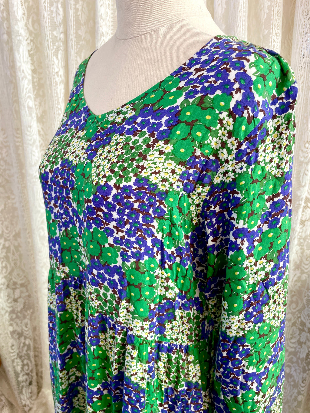 Blue & Green Retro Floral Print 3/4 Sleeve Dress
