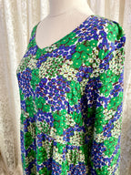Blue & Green Retro Floral Print 3/4 Sleeve Dress