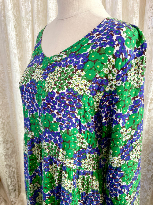 Blue & Green Retro Floral Print 3/4 Sleeve Dress
