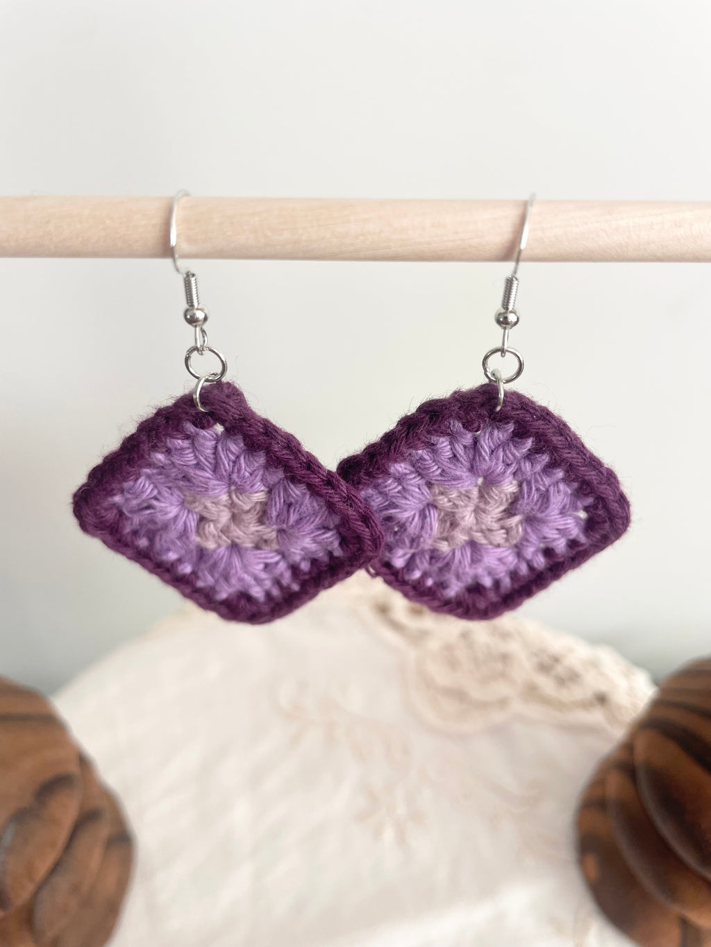 Crochet Little Square Earrings - Purple Tone
