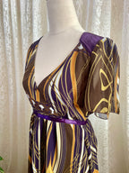 Art Nouveau 70s Style Abstract Print Chiffon Maxi Dress – Empire Waist Flutter Sleeve - Sz