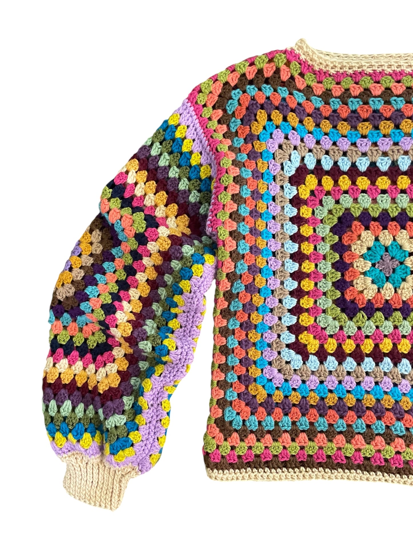 Crochet Rainbow Granny Square Jumper with Cuffs