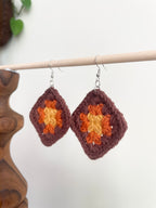 Crochet Big Square Earrings - Yellow/Orange/Brown