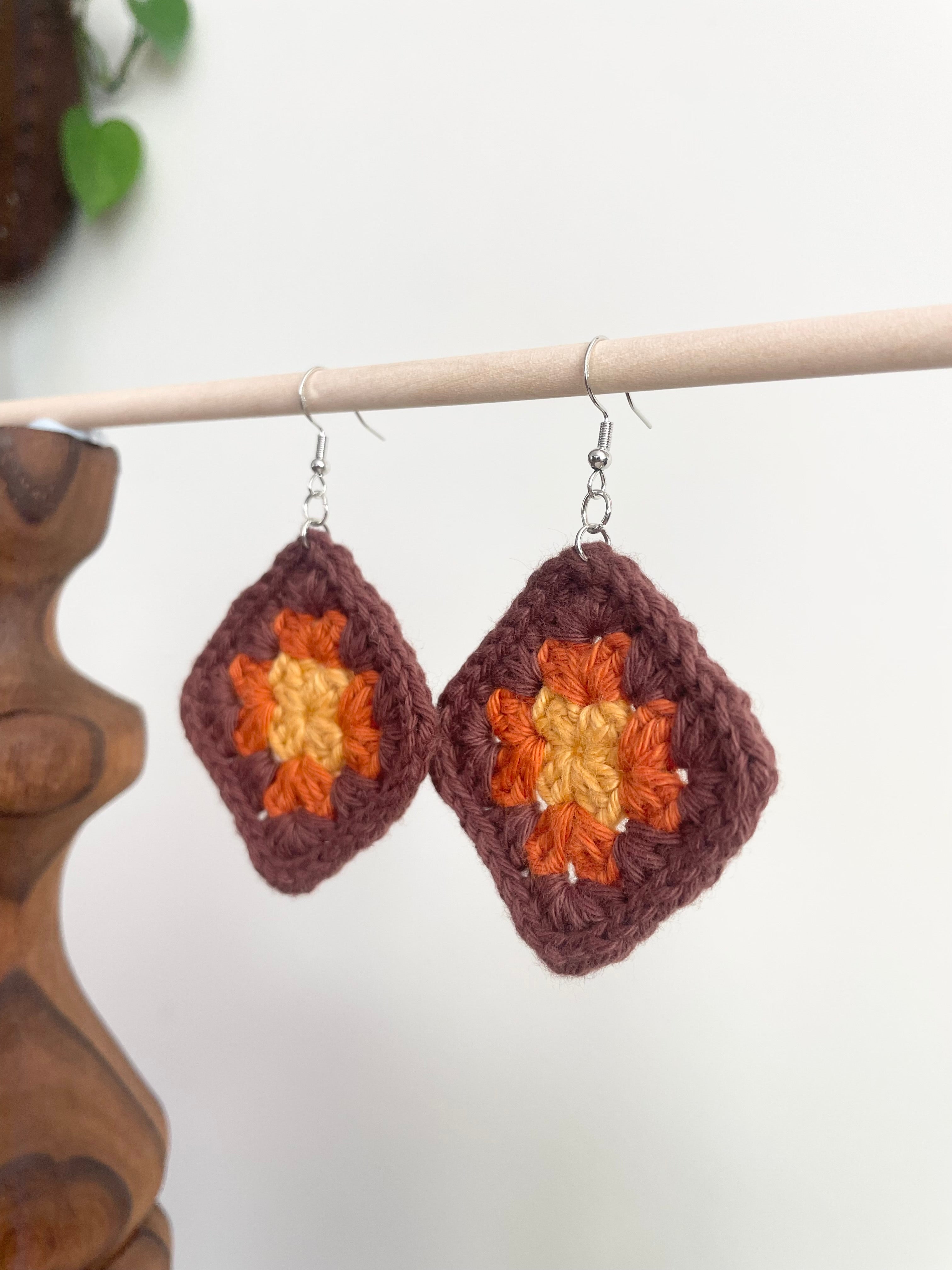 Crochet Big Square Earrings - Yellow/Orange/Brown