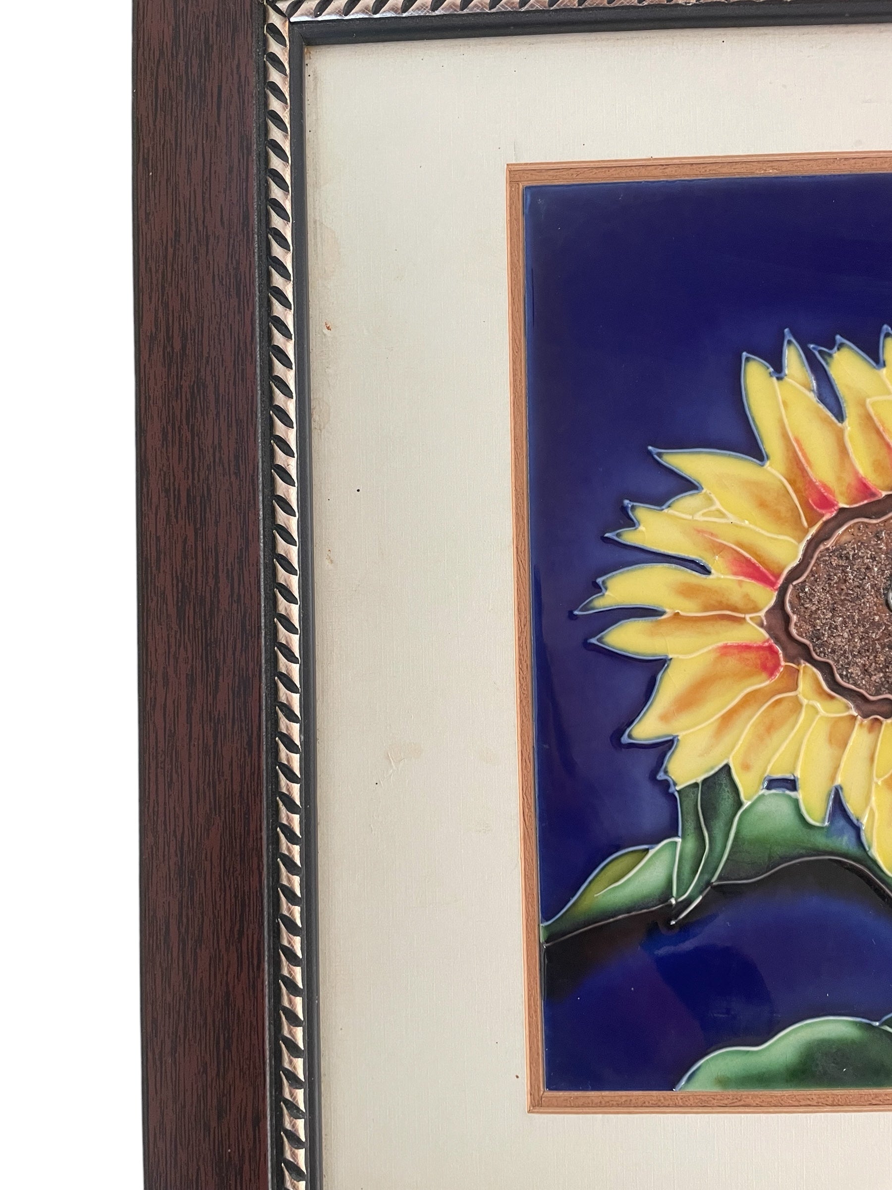 Handpainted Sunflower Vintage Ceramic Tile in Frame