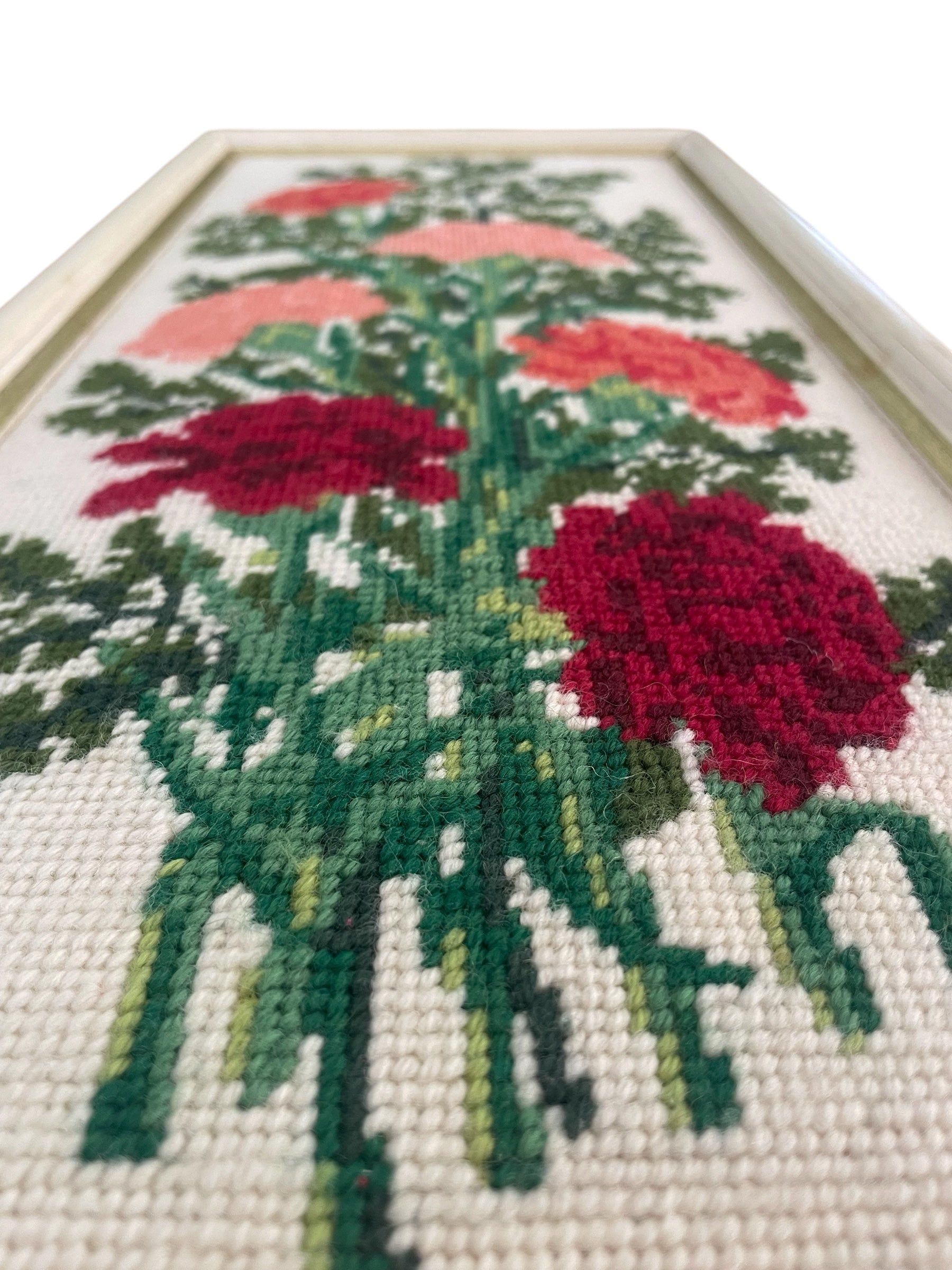 Vintage Carnations completed cross stitch in Frame D’art