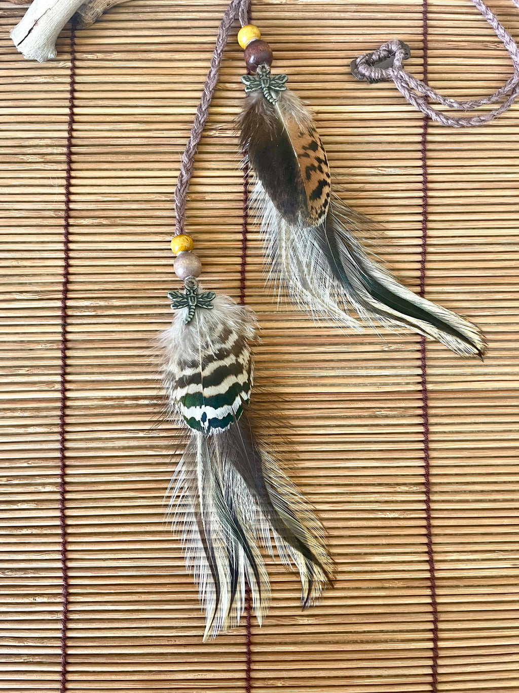 Feather & Hemp Hair Extension - Double Stranded Brown mix/Dragonfly