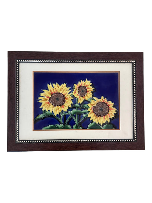 Handpainted Sunflower Vintage Ceramic Tile in Frame