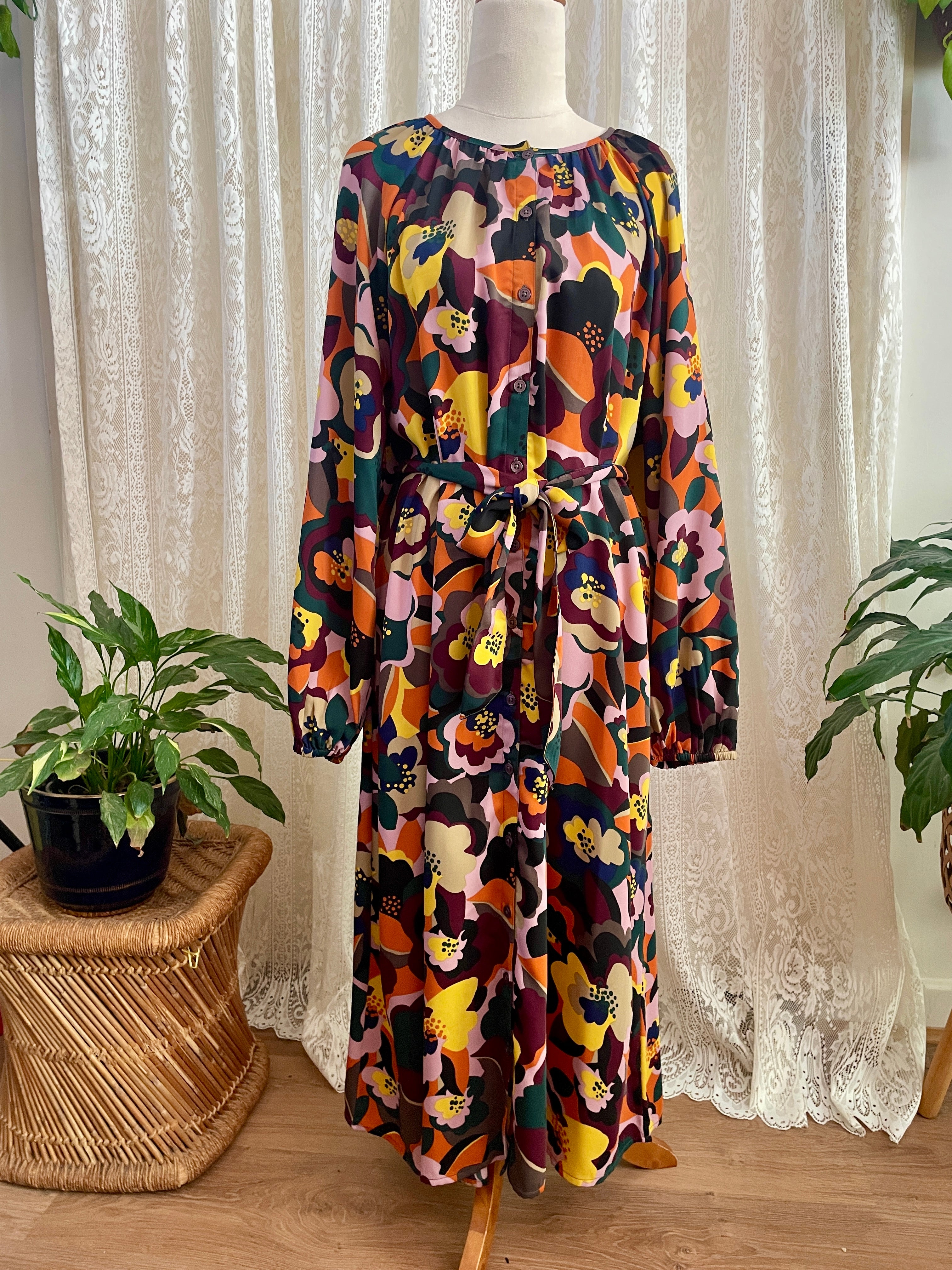 Tu Women Abstract Floral Midi Dress – Button Down Kimono Duster - Sz 12