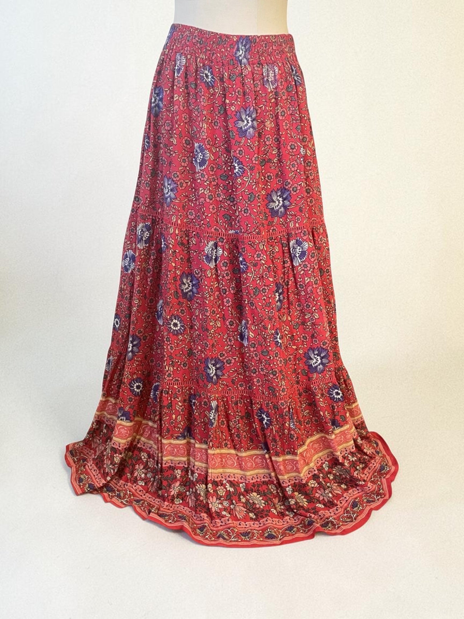 Red floral bohemian tired maxi skirt