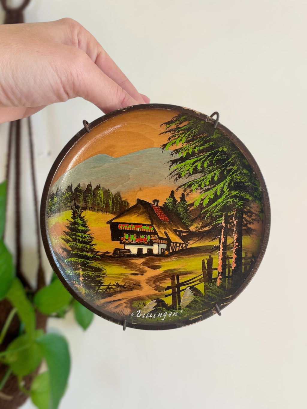 Vintage German Folk Art Wall Hanging Farmhouse Scene Wood Plate
