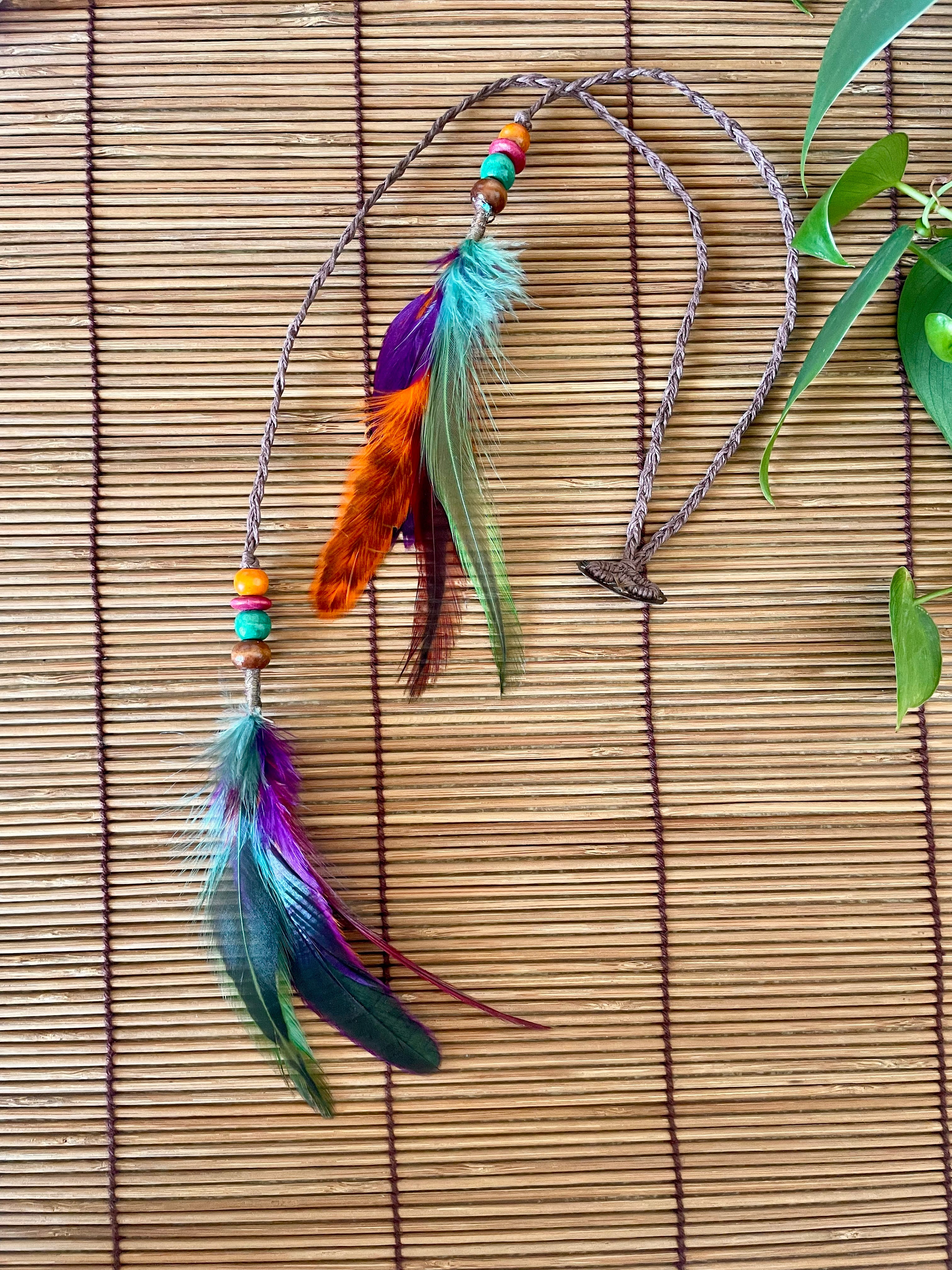 Feather & Hemp Hair Extension - Double Stranded Brown with Rainbow Feathers