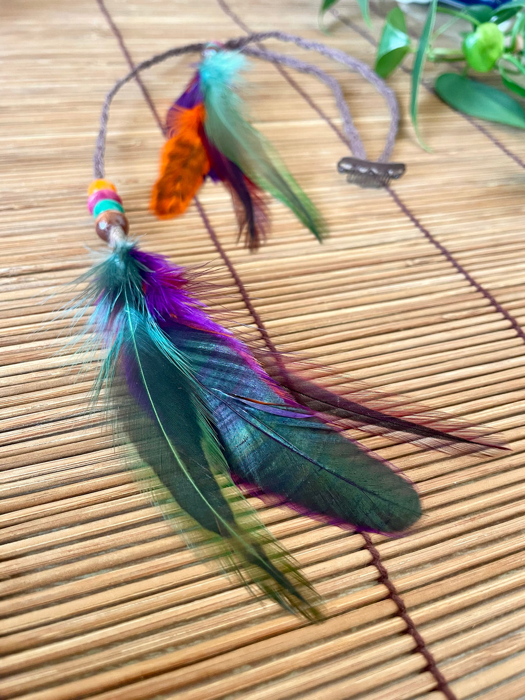 Feather & Hemp Hair Extension - Double Stranded Brown with Rainbow Feathers