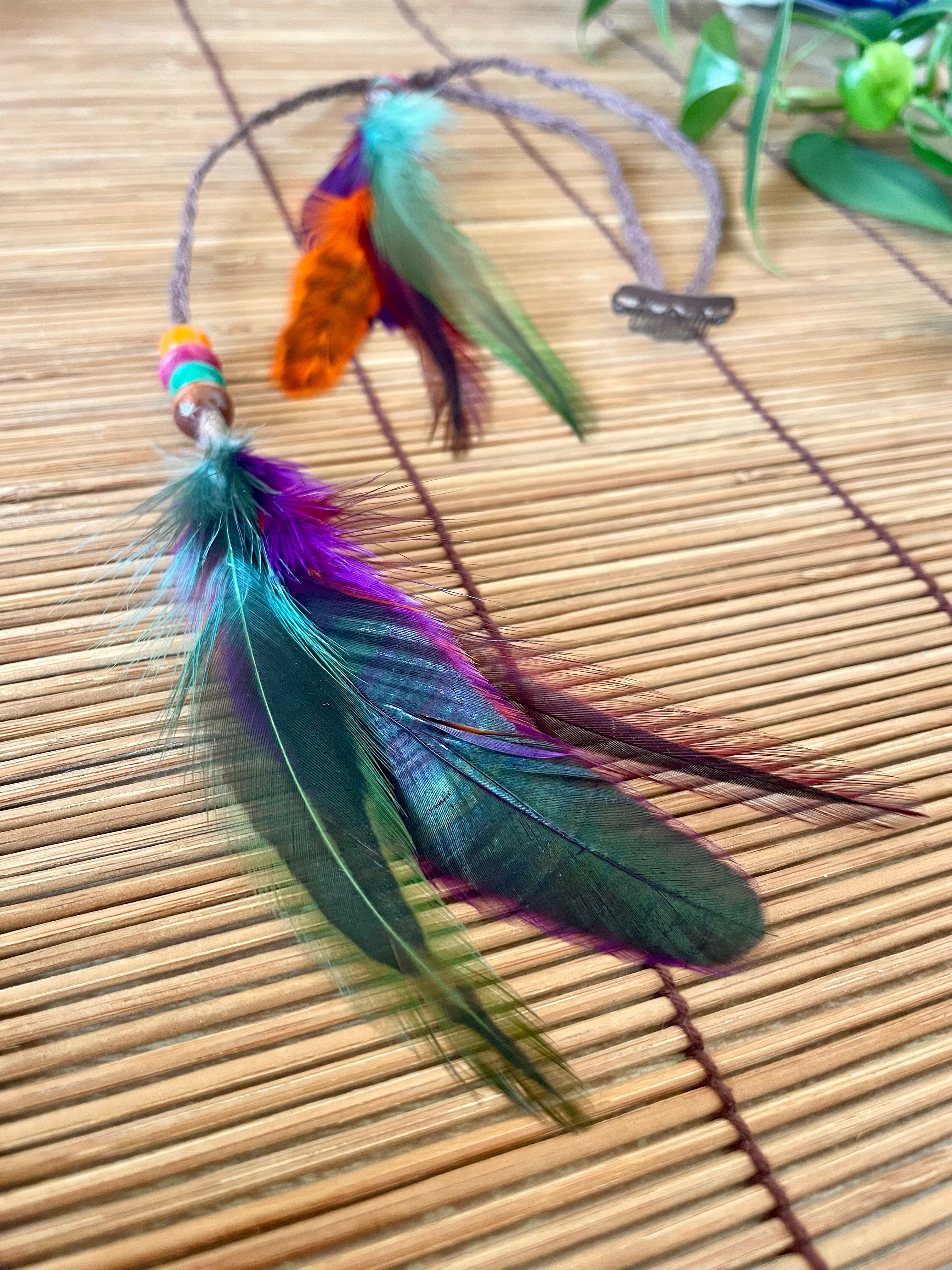 Feather & Hemp Hair Extension - Double Stranded Brown with Rainbow Feathers