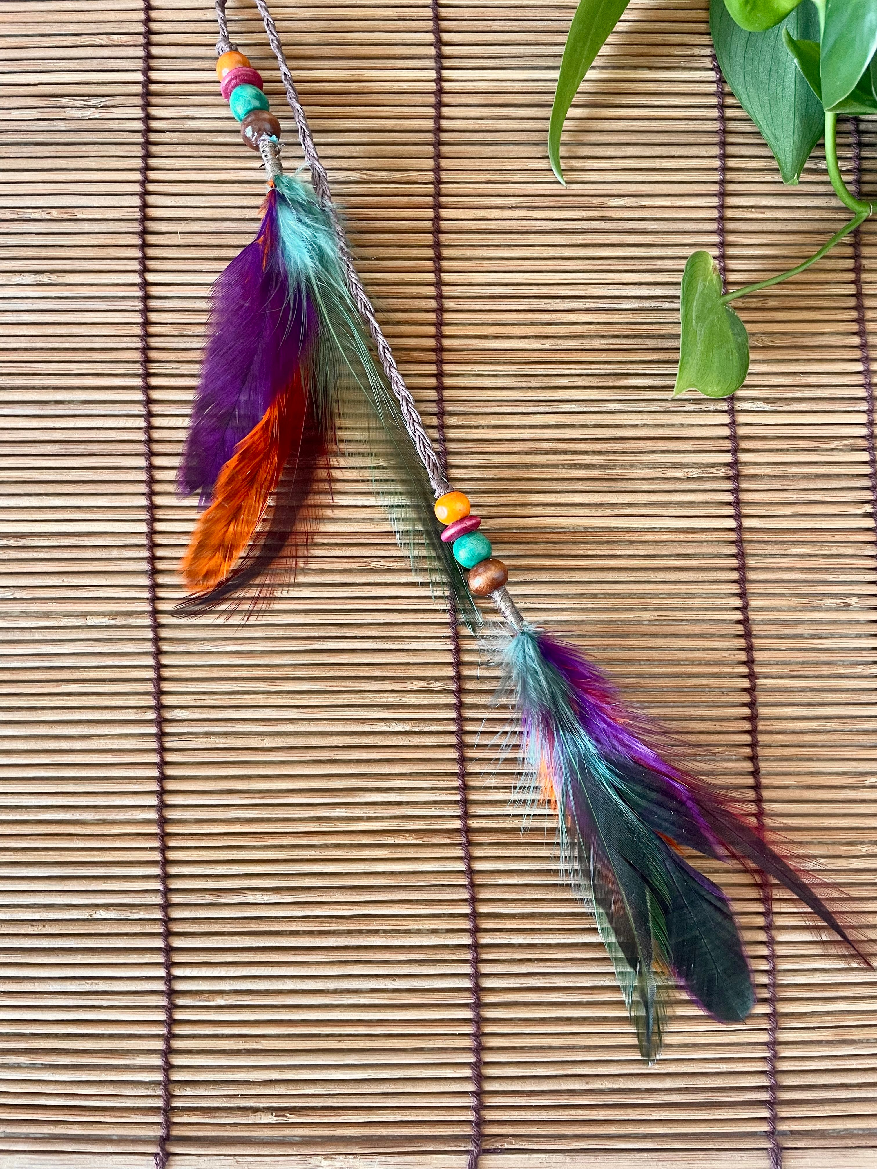 Feather & Hemp Hair Extension - Double Stranded Brown with Rainbow Feathers