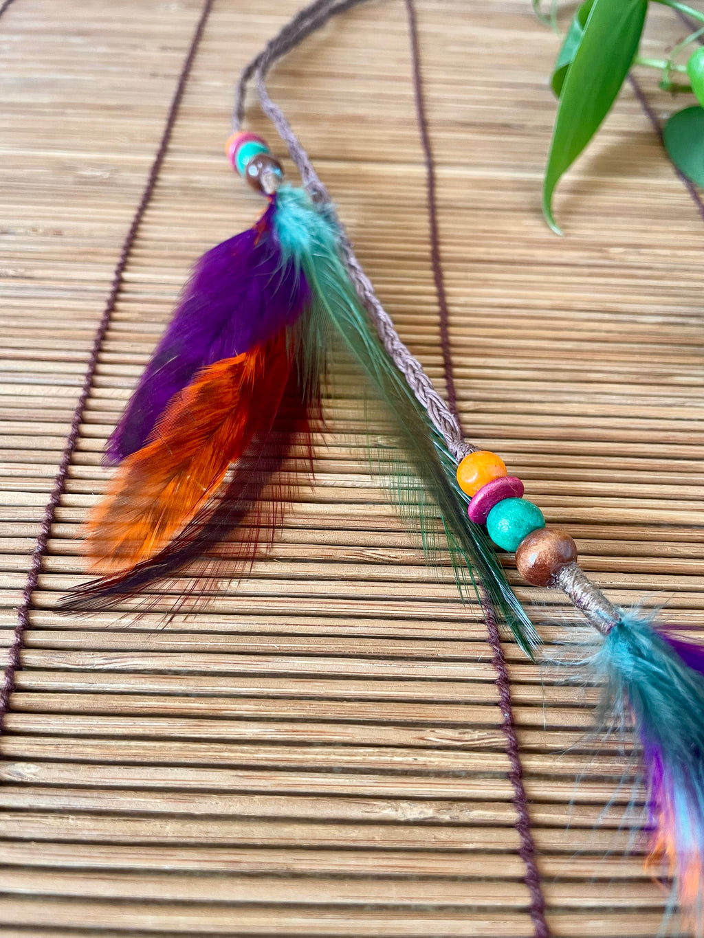 Feather & Hemp Hair Extension - Double Stranded Brown with Rainbow Feathers