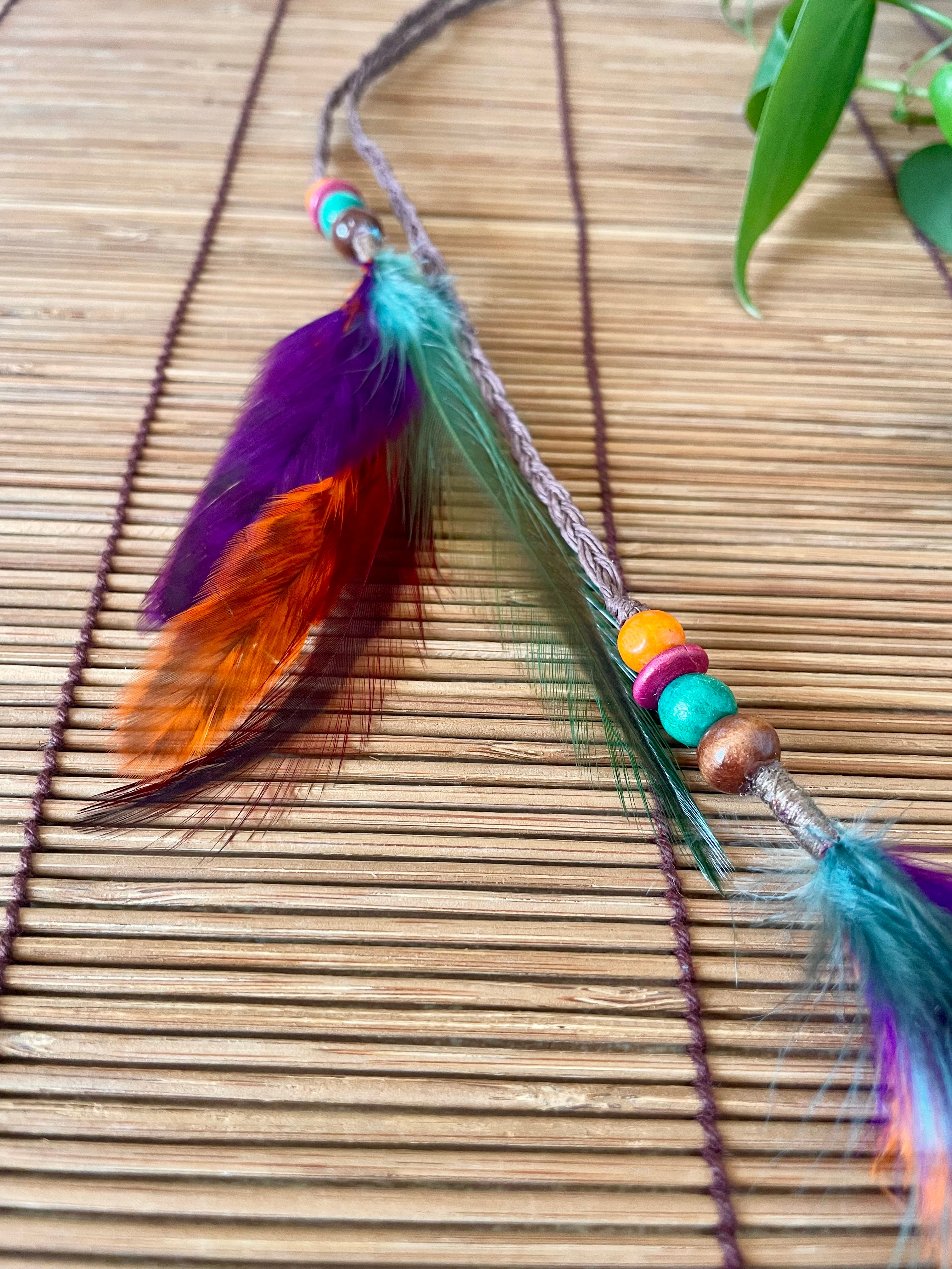 Feather & Hemp Hair Extension - Double Stranded Brown with Rainbow Feathers