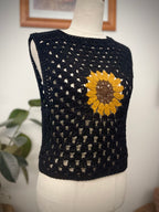 Crochet sunflower hippie vest - BLACK