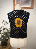 Crochet sunflower hippie vest - BLACK