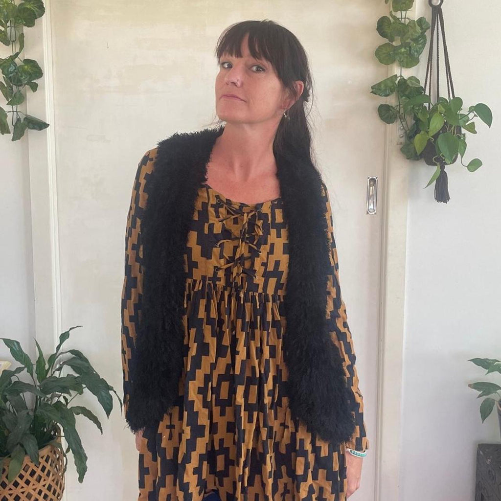 Black Faux Fur Hand Knitted Open Vest