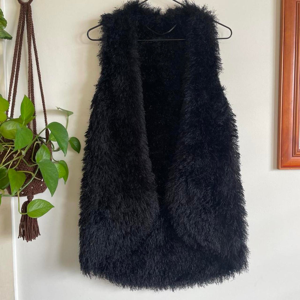 Black Faux Fur Hand Knitted Open Vest