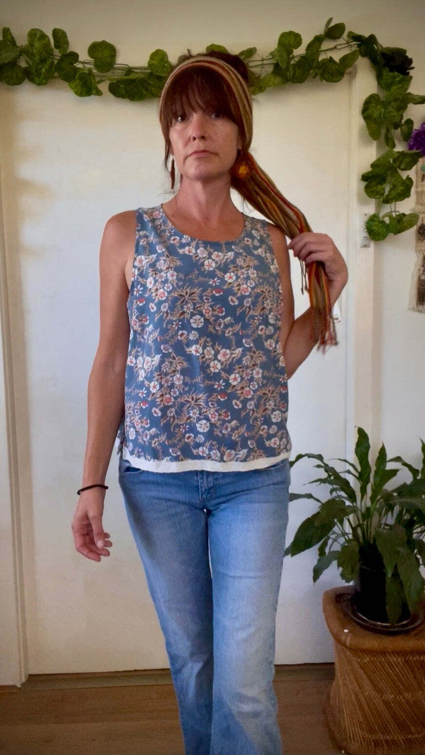 Blue floral sleeveless tank top