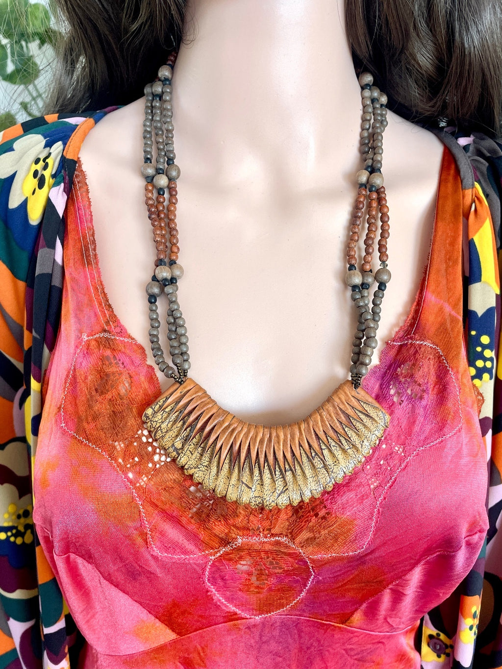 Artisan Wood Bead & Genuine Leather Statement Necklace – Multi-Strand Boho Bib
