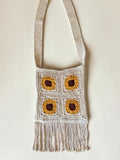Crochet sunflower cross body bag with fringe