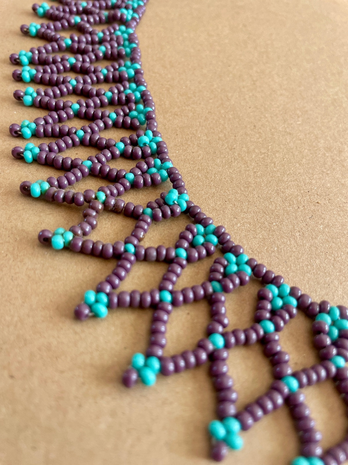 Handcrafted Woven Seed Bead Collar Necklace – Purple & Turquoise Net Lace Bib