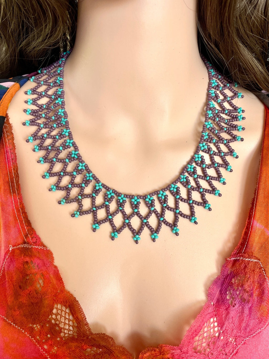 Handcrafted Woven Seed Bead Collar Necklace – Purple & Turquoise Net Lace Bib