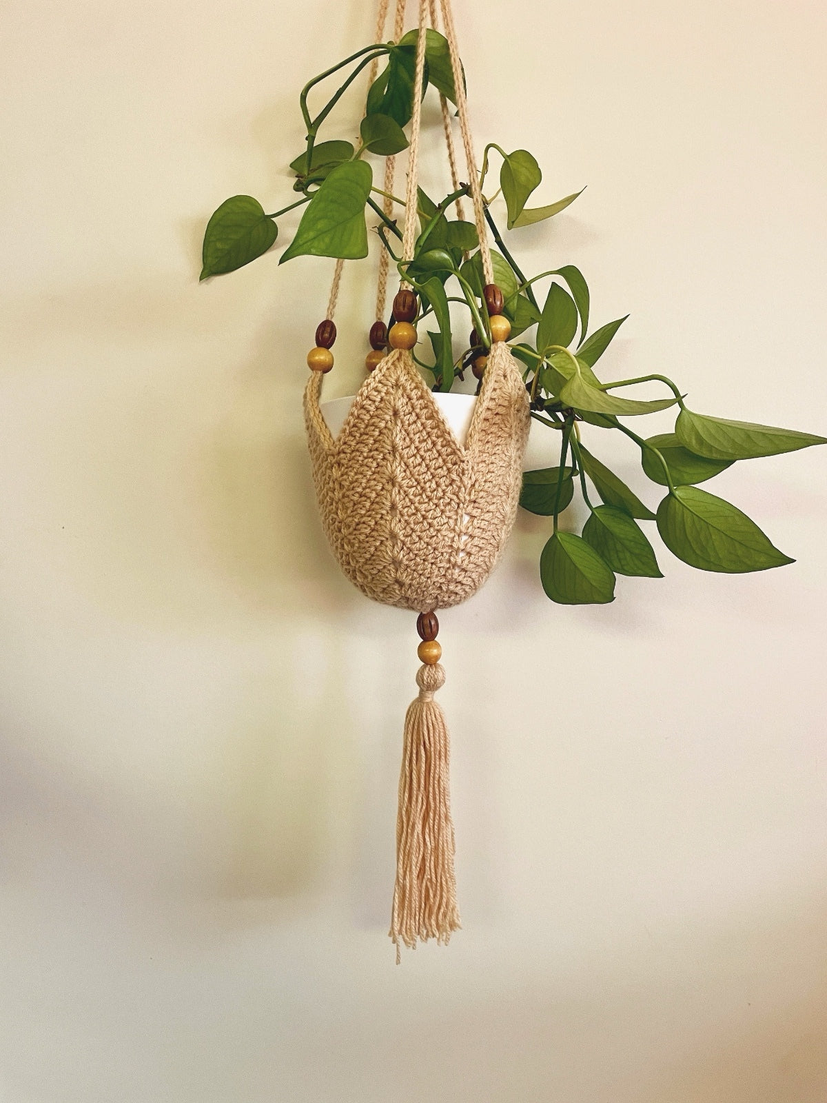 Hanging Crochet Plant Holders with Wood Beads - Natural