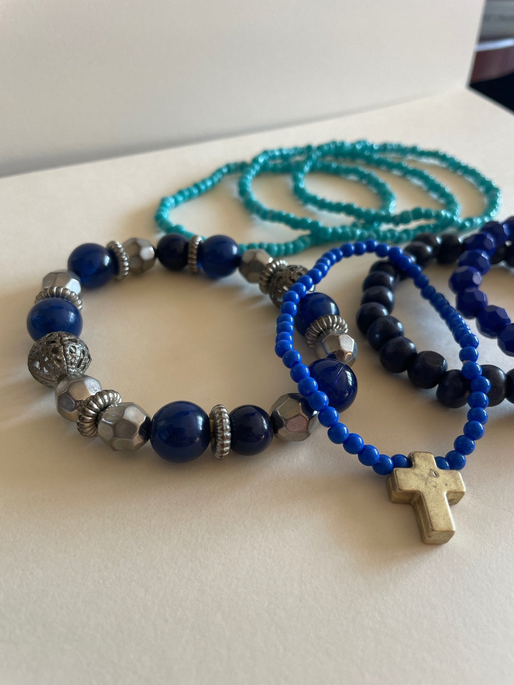 Blue Stretch Bracelet Stack - Set of 7 - Acrylic, Glass, Silver Mix