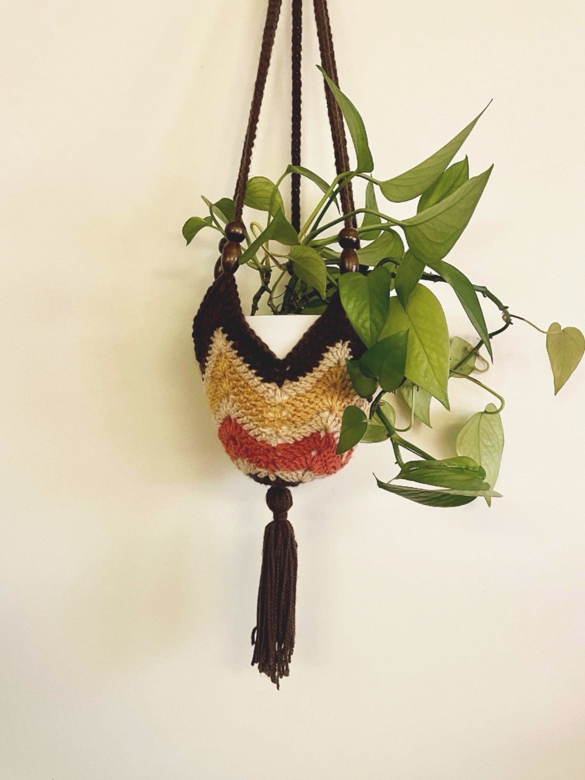 Hanging Crochet Plant Holders with Wood Beads - Warm Retro Stripes