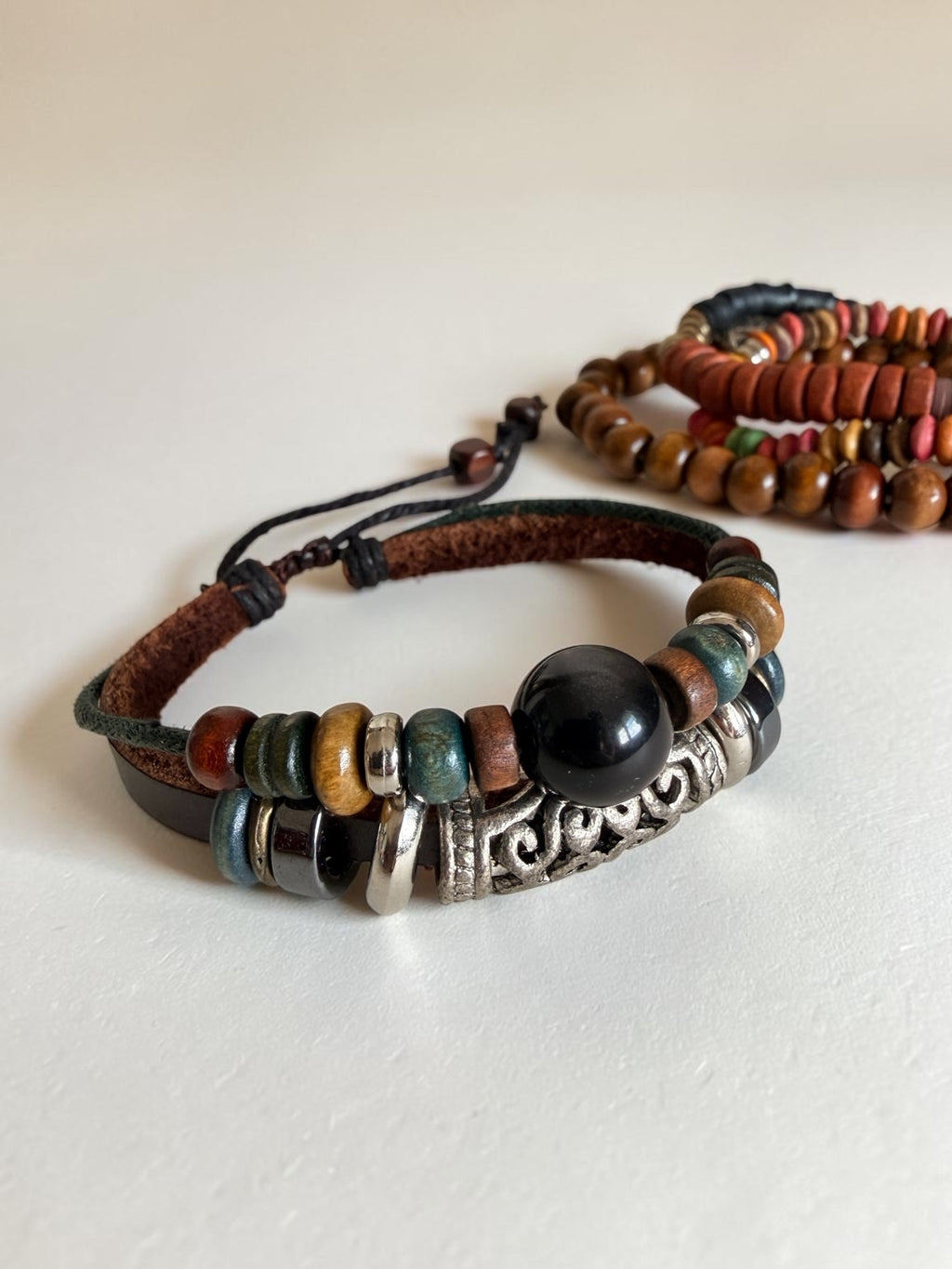 Surf Boho Bracelet Stack Mixed Media Leather Wood Bead & Coin Charm Set of 4