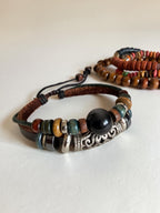 Surf Boho Bracelet Stack Mixed Media Leather Wood Bead & Coin Charm Set of 4
