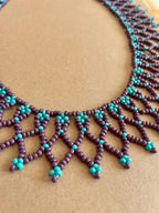 Handcrafted Woven Seed Bead Collar Necklace – Purple & Turquoise Net Lace Bib