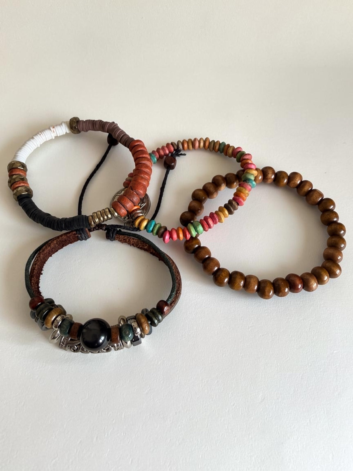 Surf Boho Bracelet Stack Mixed Media Leather Wood Bead & Coin Charm Set of 4