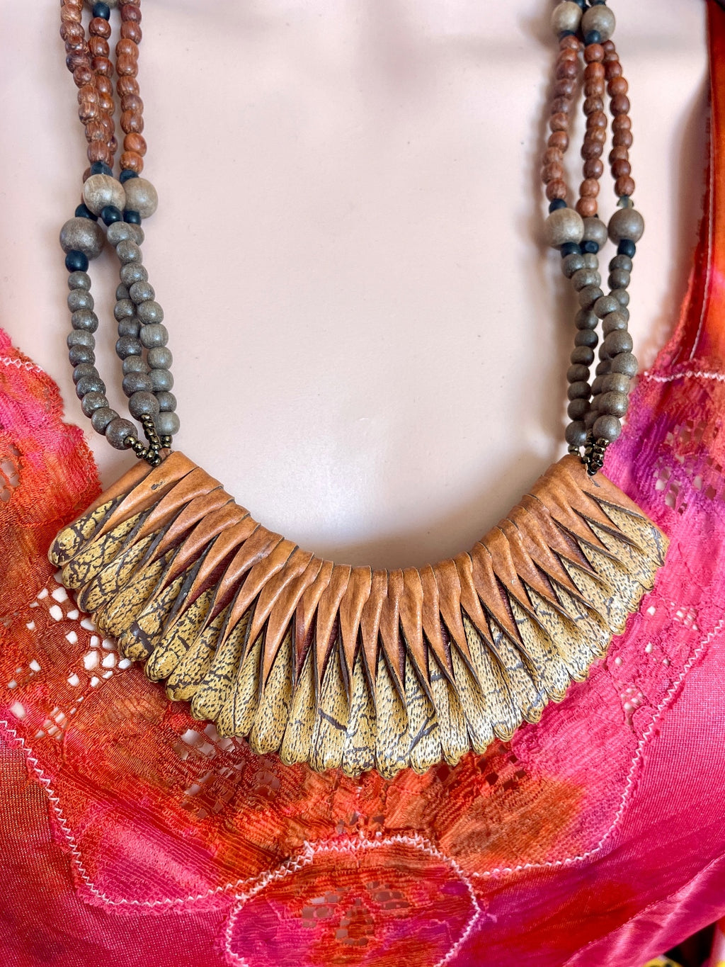 Artisan Wood Bead & Genuine Leather Statement Necklace – Multi-Strand Boho Bib