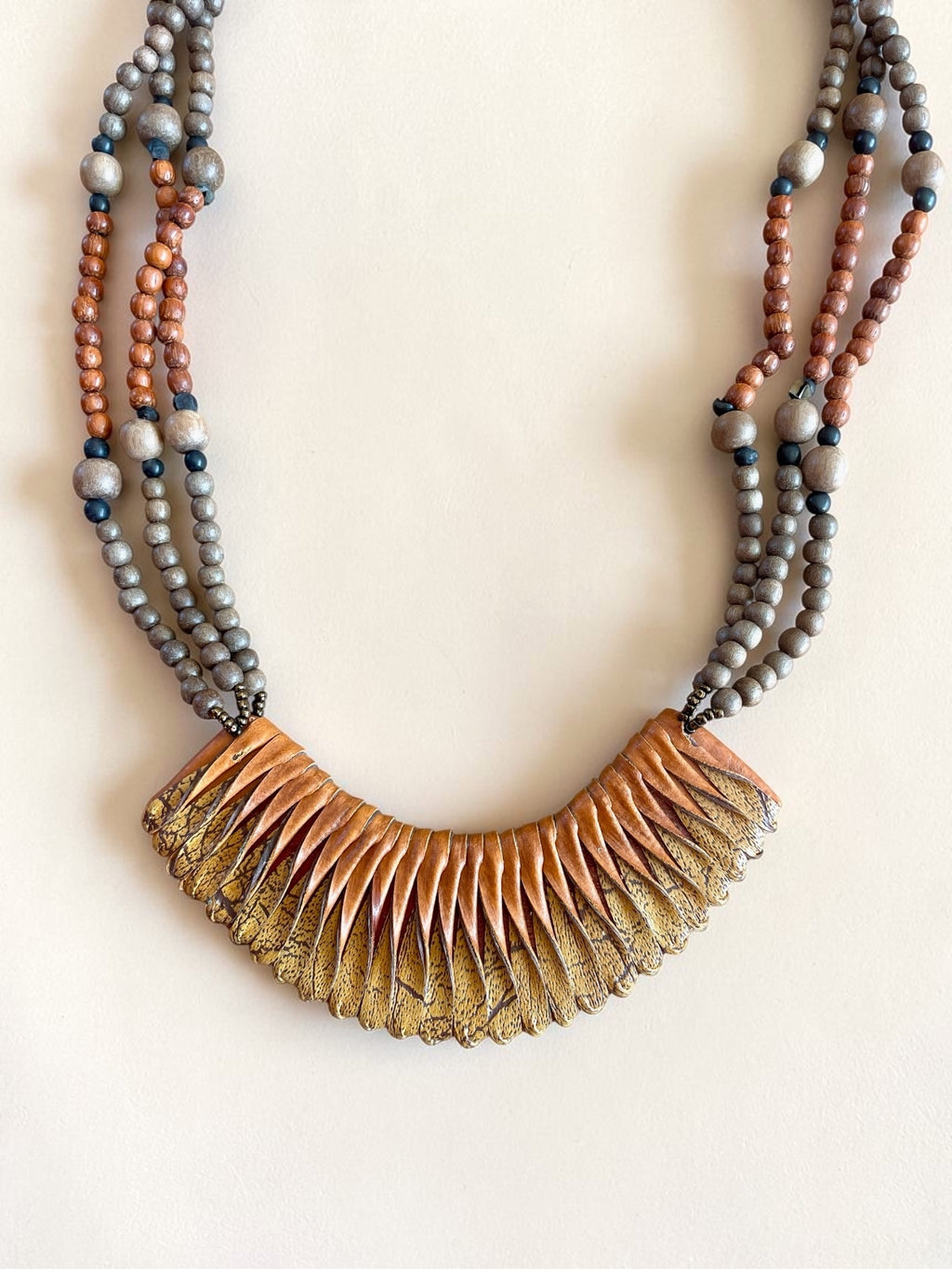 Artisan Wood Bead & Genuine Leather Statement Necklace – Multi-Strand Boho Bib