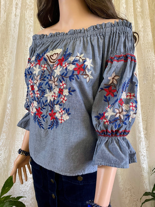 Chambray Embroidered Off Shoulder Peasant Top Sz 12