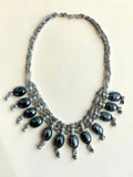 Vintage 1990s Gothic Bib Necklace – Silver Tone Hematite Look Fringe Choker
