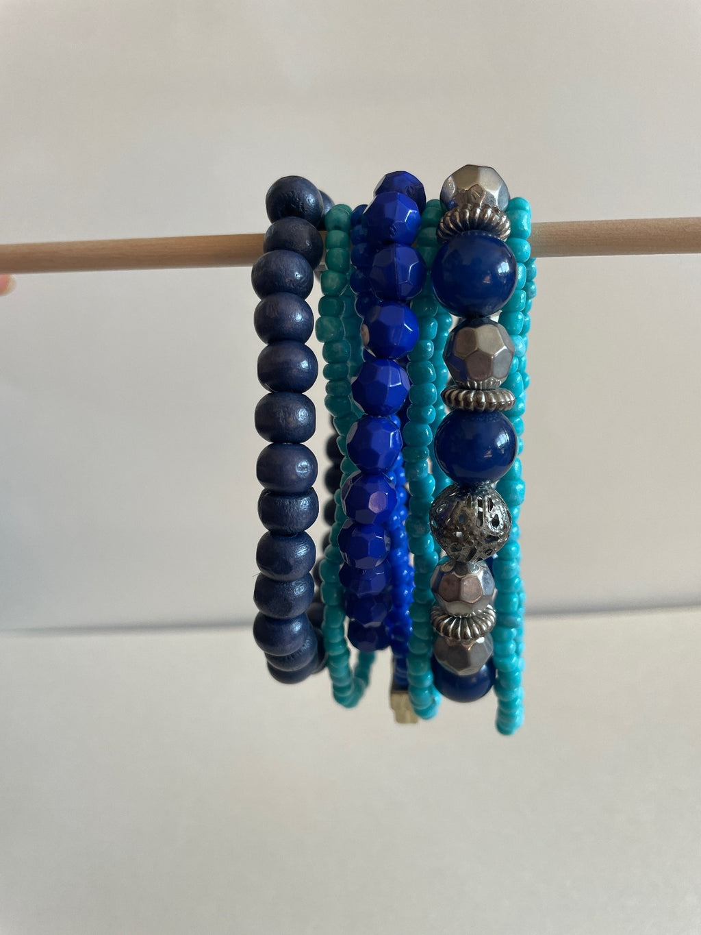 Blue Stretch Bracelet Stack - Set of 7 - Acrylic, Glass, Silver Mix