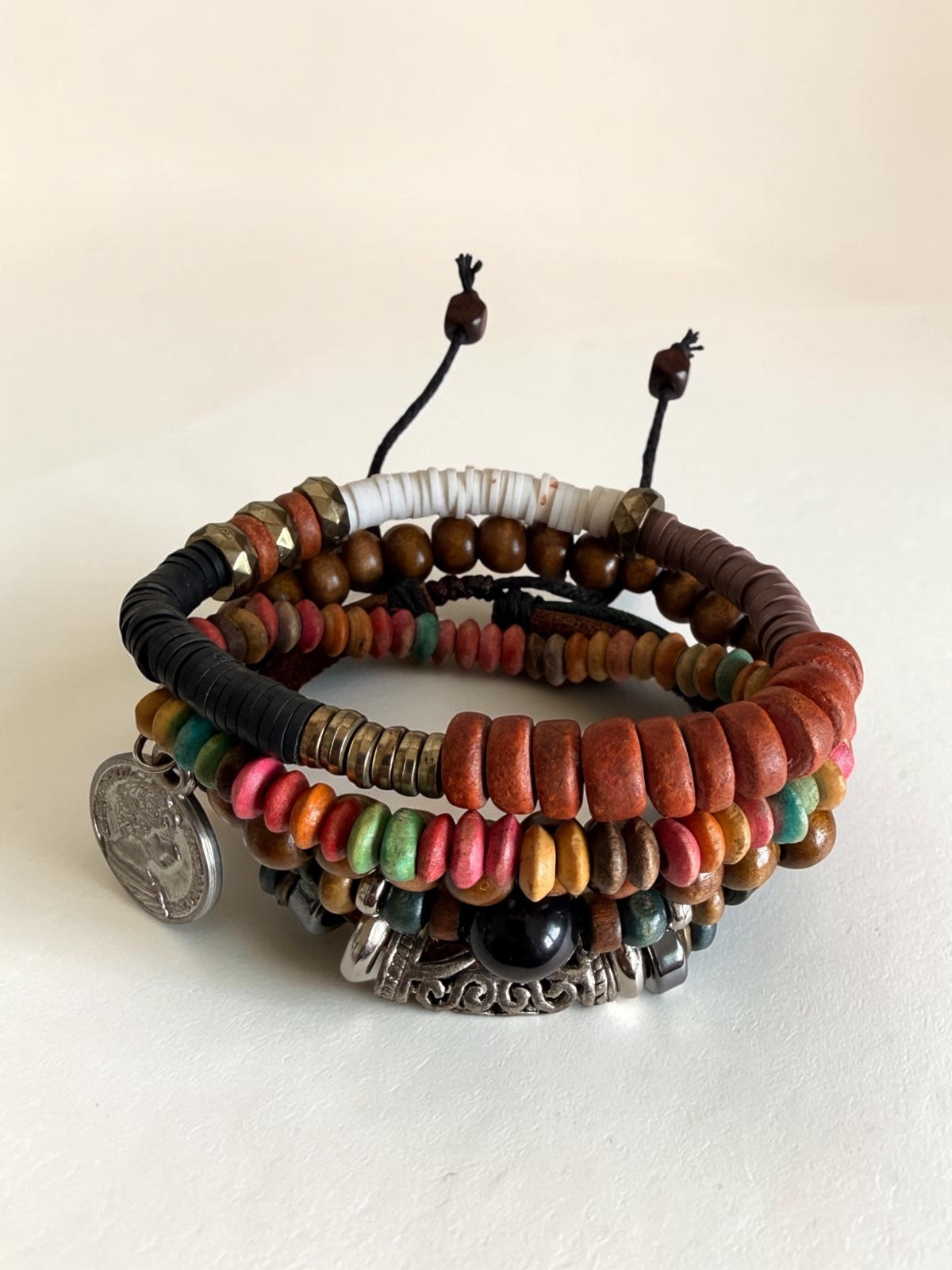 Surf Boho Bracelet Stack Mixed Media Leather Wood Bead & Coin Charm Set of 4