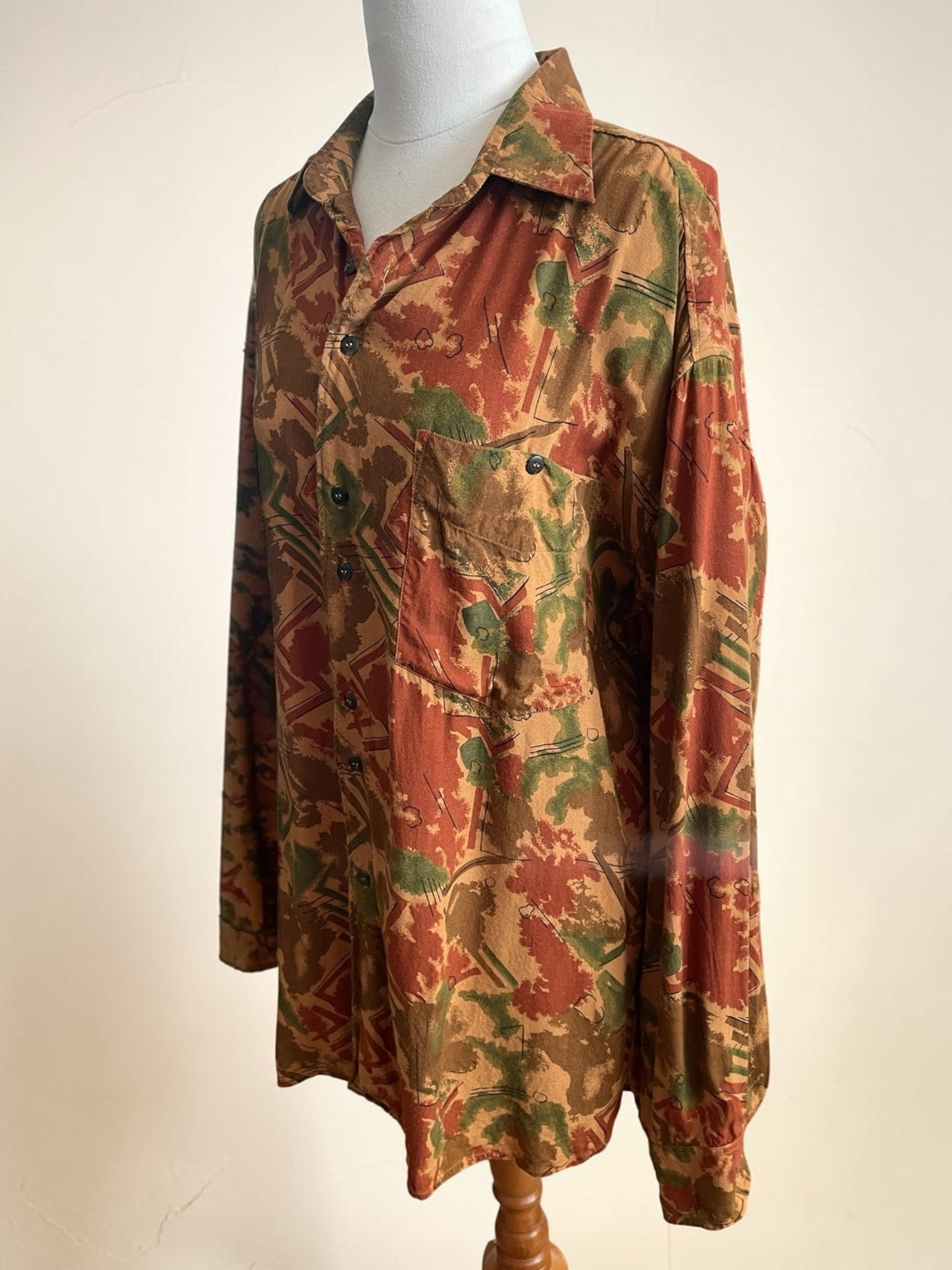 Vintage 70s Edith Kumar Geometric Button Down Shirt - Earth Tone Abstract Pattern Boho Top - Size 12-22 (OSFM)