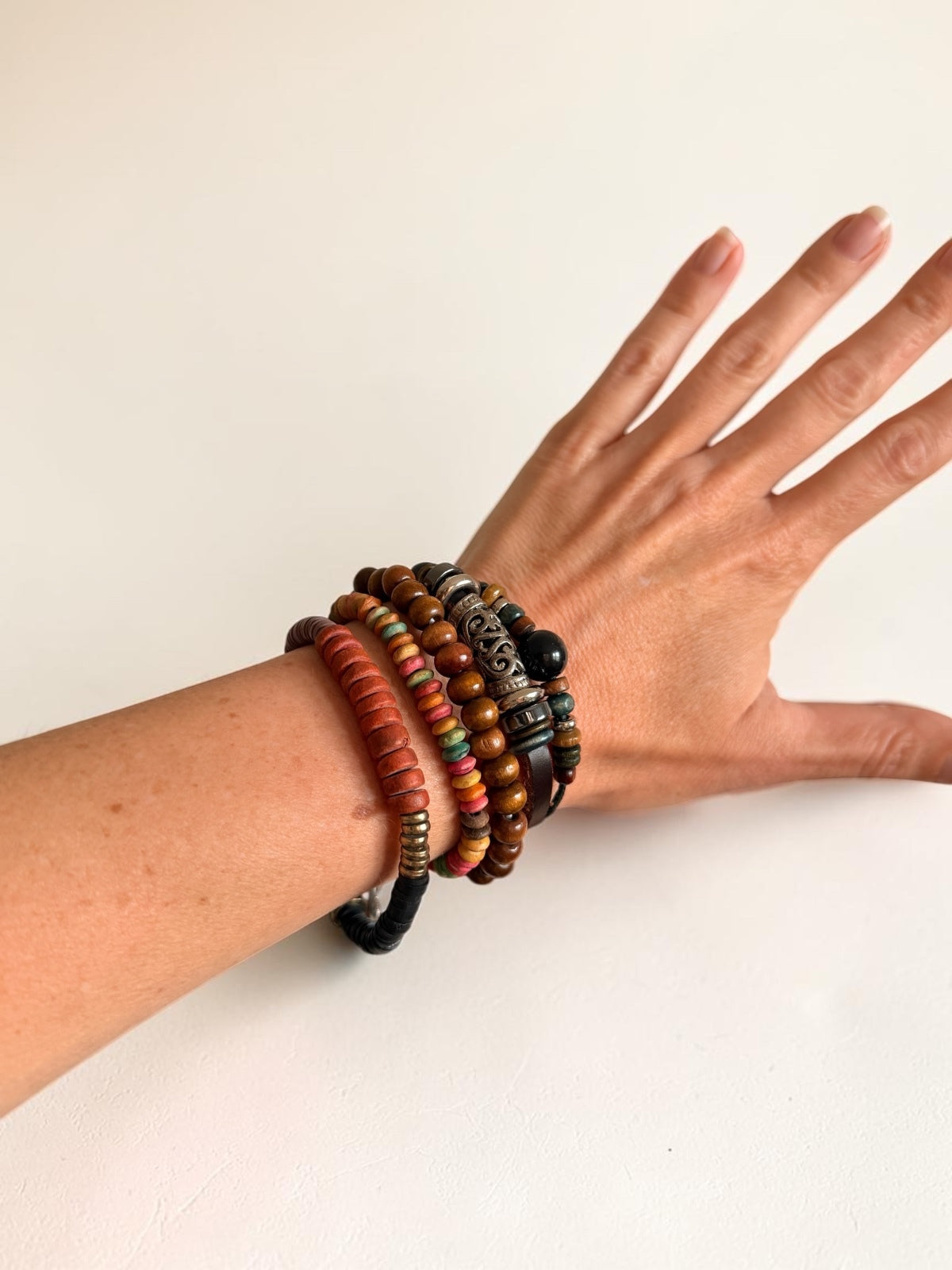 Surf Boho Bracelet Stack Mixed Media Leather Wood Bead & Coin Charm Set of 4
