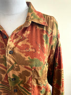 Vintage 70s Edith Kumar Geometric Button Down Shirt - Earth Tone Abstract Pattern Boho Top - Size 12-22 (OSFM)